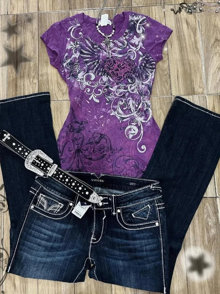 レディース サブカルチャー ヴィンテージ パープルプリント Tシャツ 夏 Y2K アメリカンレトロ スリムTシャツ カジュアル 原宿 グランジ ファッション トップス 新着