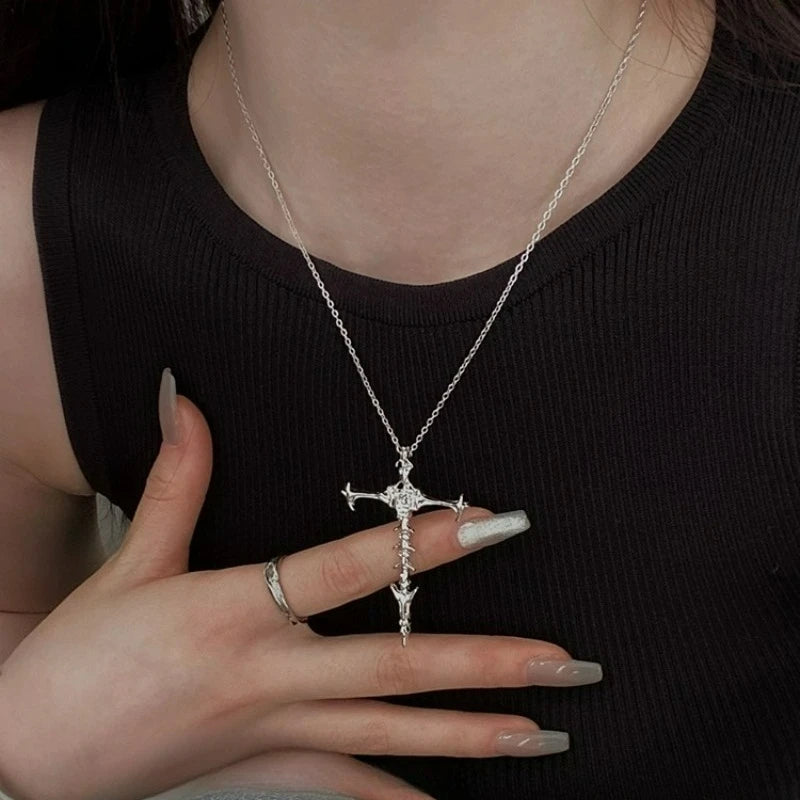 1/2Pcs Unisex Cross Pendant Necklace for Men Women Punk Silver Black Hip Hop Gothic Punk Long Pendant Necklace Jewelry Accessory