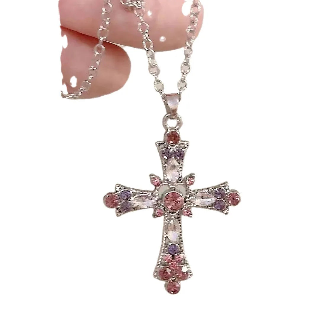 Подвеска クロスネックレス レディース ラインストーンペンダント 鎖骨チェーンチャーム パーティージュエリーギフト パンク ピンク パープル ジルコン ゴシック