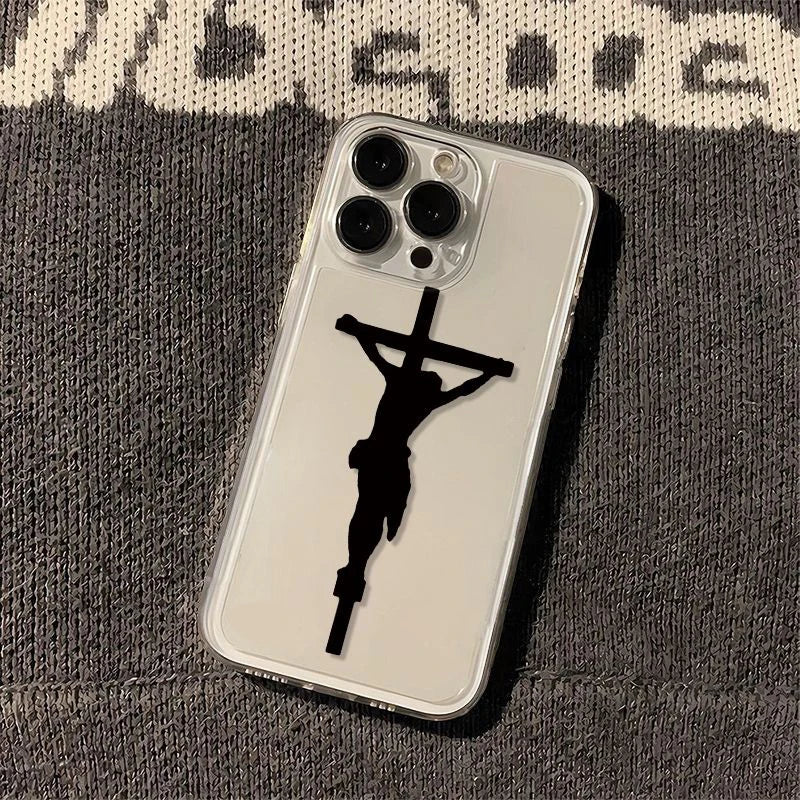 クリエイティブなイエス・キリストの十字架の電話ケース iPhone 16 15 14 13 12 11 Pro Max Plus XS XR X 7 8 Plus Mini 漫画透明ソフトカバー