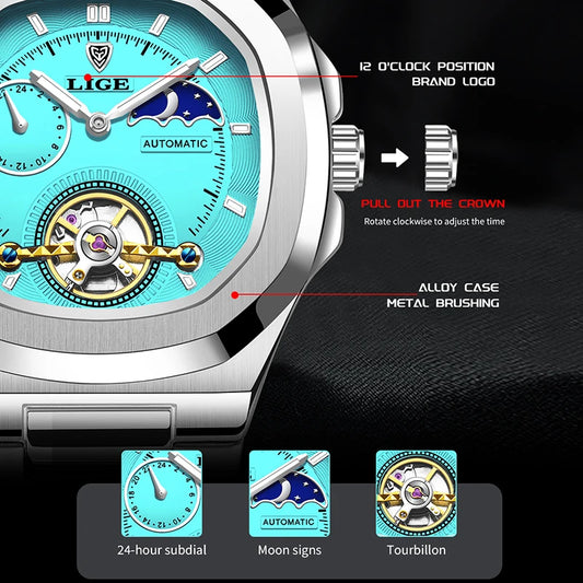 LIGE 2024 Automatic Mens Watch Fashion Stainless Steel Luxury Watches Men Waterproof Luminous Tourbillon Wristwatch Reloj Hombre