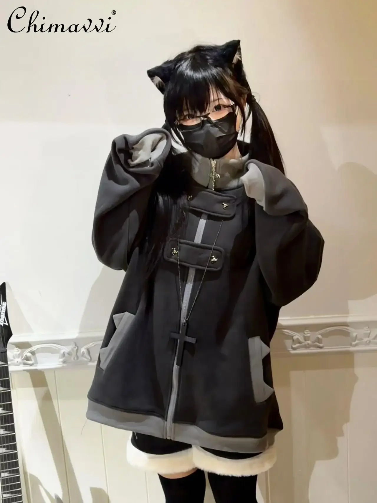 ファッションベルベットスタンドカラーサブカルチャー猫耳フード付きスウェットシャツジャケットオリジナルゴシック長袖ゆったり暖かいエレガントコート