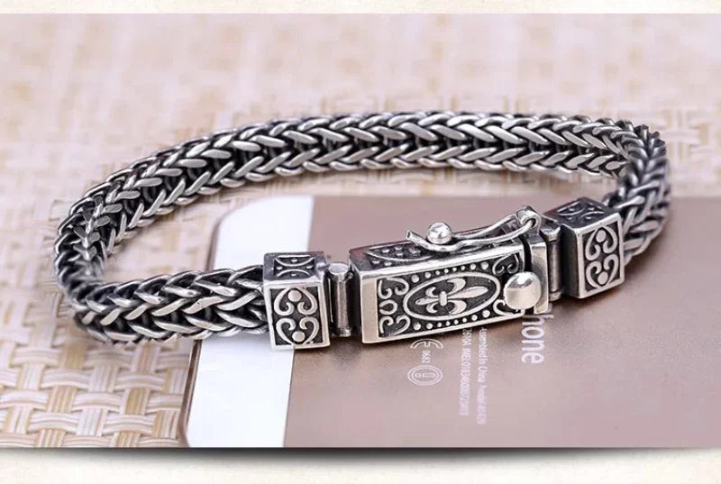 925シルバーヴィンテージバングルドラゴンボーンチェーン織りブレスレット女性と男性用ダブルチェーンバックル宴会ジュエリー着用可能