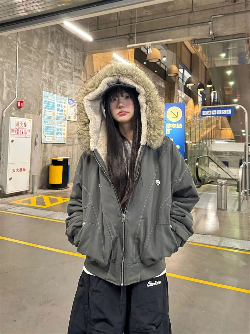 ZAROY レディース&amp;メンズ 冬用ジャケット Y2K ストリートウェア ファーカラー フード付き カジュアル ルーズコート 暖かい 原宿系 パーカー ゴシック パーカー куртк