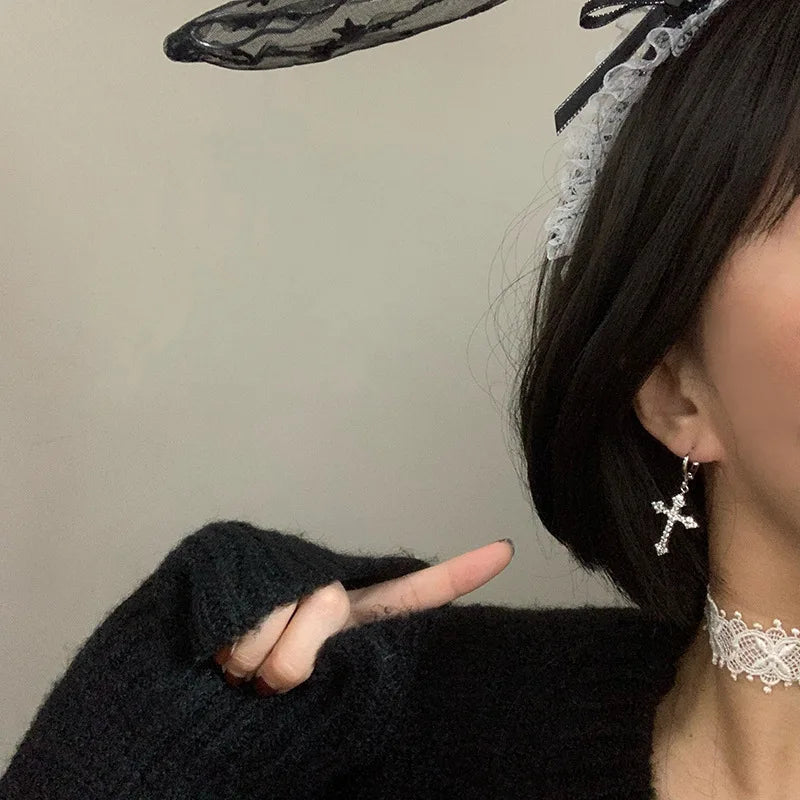 ゴススタイル ジルコン クリスタル クロス ドロップ ダングル イヤリング レディース メンズ ラグジュアリー ゴールド シルバーカラー フープイヤリング ファッション パンク ジュエリー