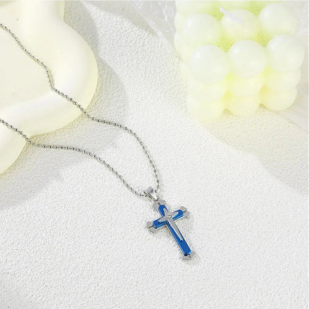 Vintage Crosses Pendant Necklace With Bead Chain Jewelry Necklace Blue Fashion Patterned Men Accessories Alloy Cross