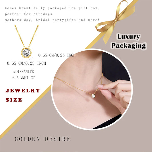 1 Carat Moissanite Necklace Necklace Woman Round Pendant 925 Sterling Silver 18K Gold Plated GRA Certificate