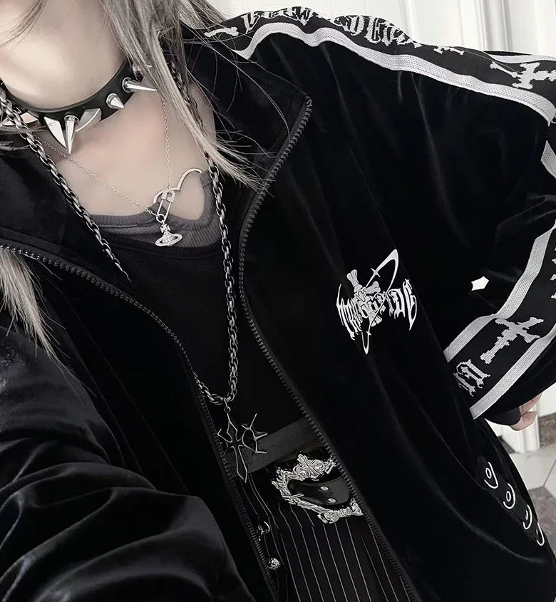 オリジナルサブカルチャーゴスベルベットプリントジッパージャケット秋の新しいストリートパンクスタイルダークルーズスポーツコート原宿カジュアルジャケット
