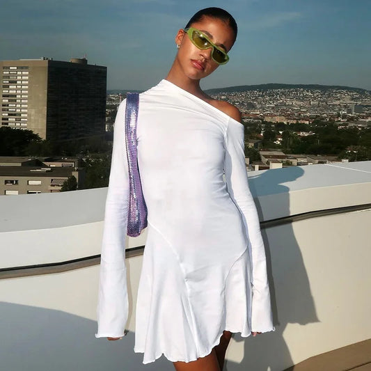 Women Sexy Boat Neck Backless Mesh Mini Dress Solid Slim Fit Bell Long Sleeve Self Tie Back Sheer Short Dresses