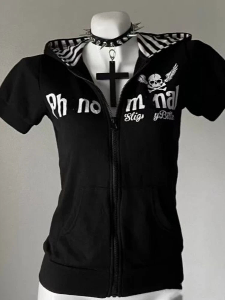 Y2K サブカルチャー スカルプリント ジップカーディガン 半袖 レディース 日本製 スリムフィット ストライプ パーカー カジュアル トップス ファッション ストリートウェア