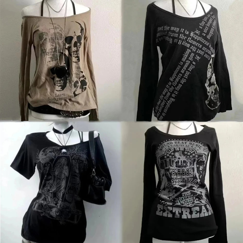 American Vintage Print T-shirt Women Aesthetic Punk Design Long Sleeve Gothic Y2k Tops Subculture Casual Retro Harajuku Tees