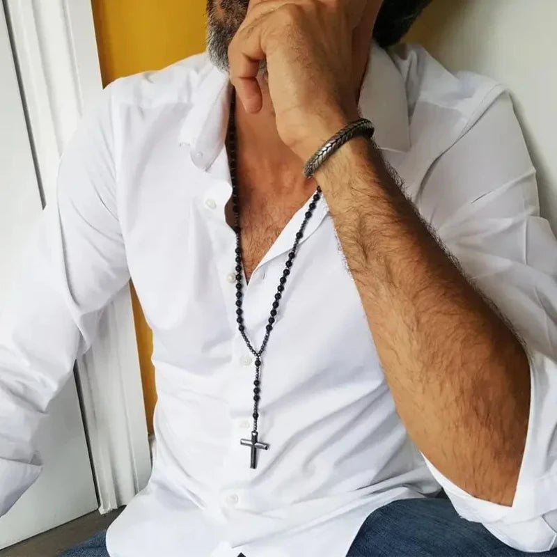 男性用クロスネックレス ヘマタイト 十字架石 守護 カトリックギフト クリスチャンジュエリー 宗教的ロザリオ ビーズ