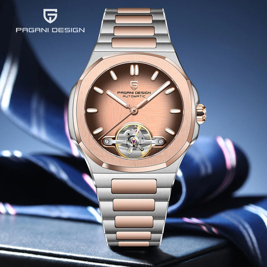 PAGANI DESIGN Men's Watches Rose Gold Skeleton Tourbillon Automatic Watch For Men Stainless steel Fashion Mechanical Wristwatch