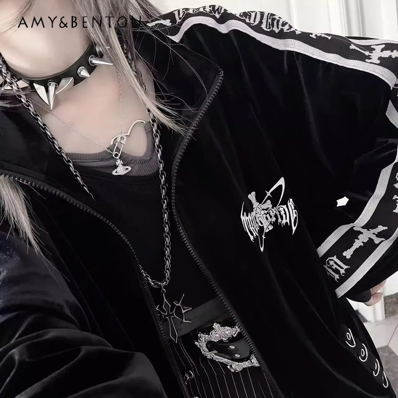 オリジナルサブカルチャーゴスベルベットプリントジッパージャケット秋の新しいストリートパンクスタイルダークルーズスポーツコート原宿カジュアルジャケット