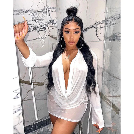 Y2K Sexy Deep V Neck Mini Mesh Dress Women Party Outfit Two Pieces Set 2024 See Through Long Sleeve Club Party Bodycon Dresses
