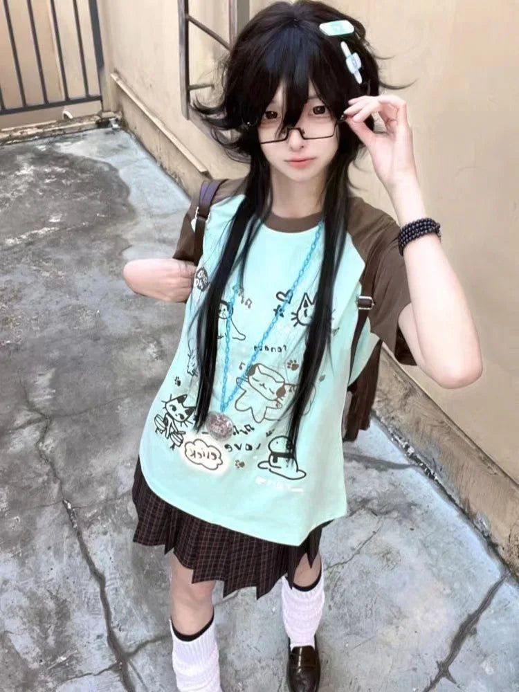 Summer subculture harajuku T Shirt women Mujer Y2k Grunge Short Sleeve T-shirt japanese Cute O-neck kawaii Cartoon Tees Tops