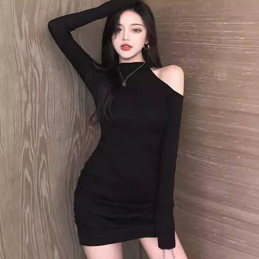 Women Hanging Neck Dress Spring Autumn Long Sleeve Off Shoulder Dress Female Sexy Slim Fit Bodycon Dress Club Black Dress