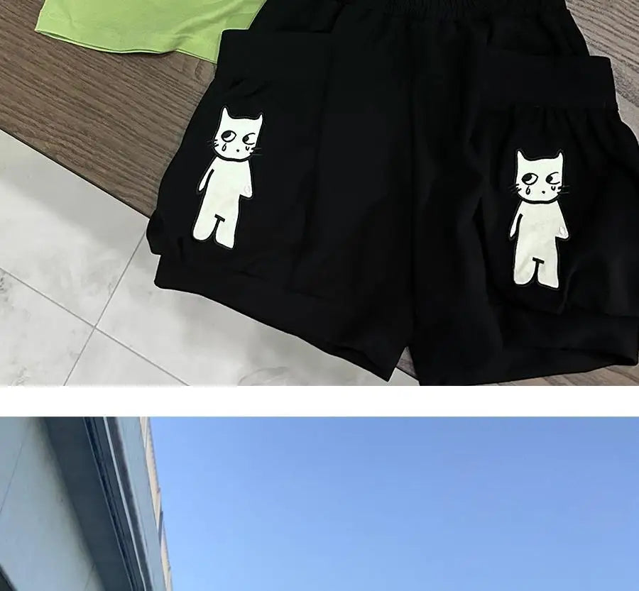 日本のサブカルチャー かわいい猫プリント 半袖Tシャツ レディース 夏 ヴィンテージ グリーン カジュアル ゆったり スウィートガール Y2K トップス