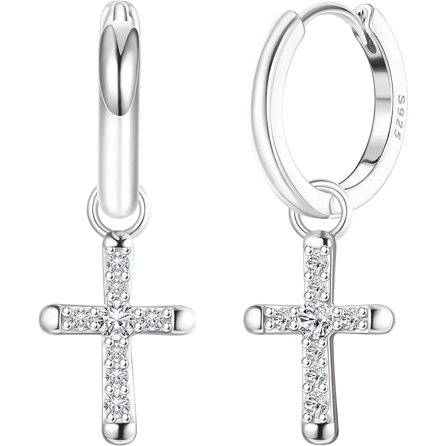 Fansilver 925スターリングシルバー クロスイヤリング レディース メンズ 華奢なCZハギーフープイヤリング アイスアウトクロスダングルイヤリング ボックス付き