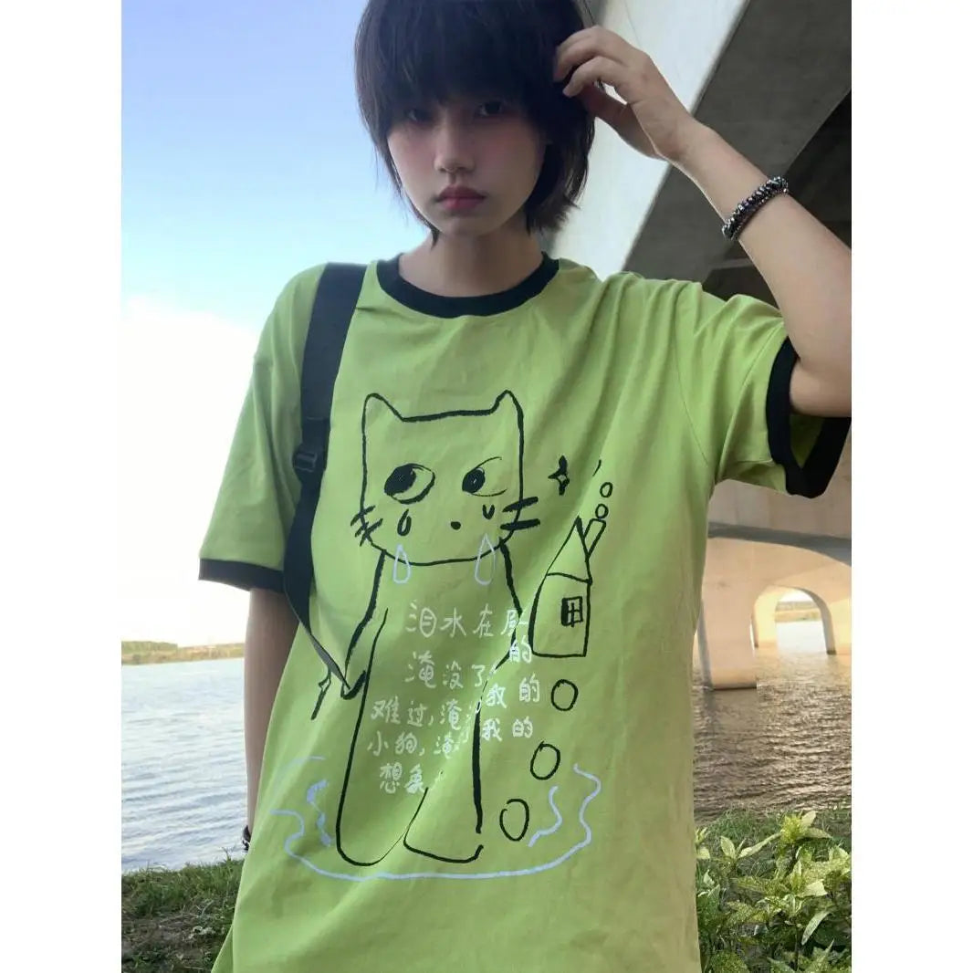 日本のサブカルチャー かわいい猫プリント 半袖Tシャツ レディース 夏 ヴィンテージ グリーン カジュアル ゆったり スウィートガール Y2K トップス