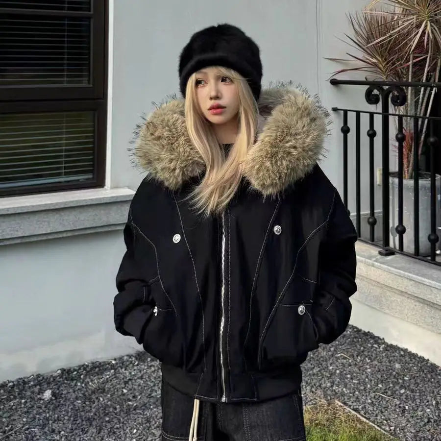 アメリカンスタイル レトロ ファーカラー イミテーションミンクファー フード付き コットンパッド入り ジャケット レディース&amp;メンズ ゴシック ヒップホップ カジュアル ジッパー パーカー