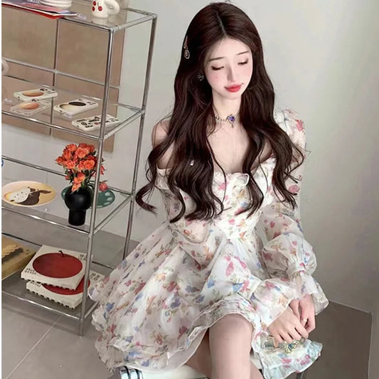 Women's Dresses Off Shoulder Floral Printed  Long Sleeve Ruffles Party Mini Dresses Ruffle Slim Short Dresses Fairy Sweet