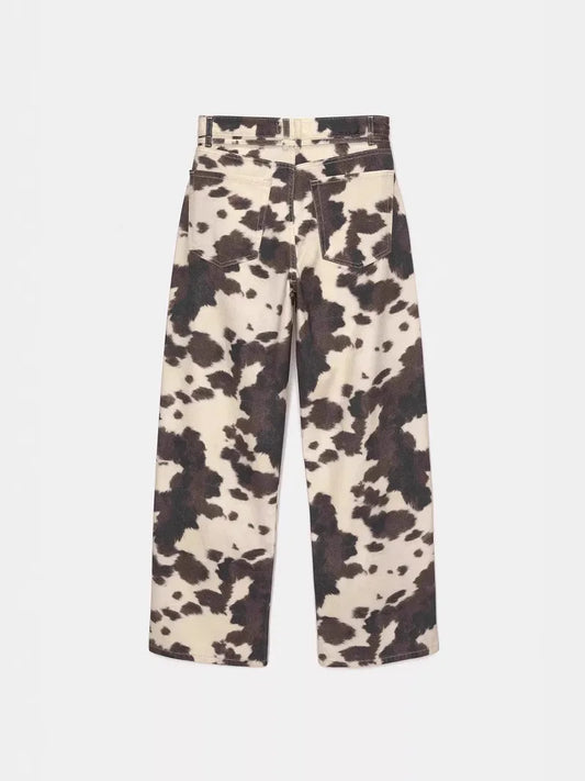 Waed American Retro Cow Pattern Loose Wide Leg Straight Casual Long Jeans Women Vintage Trendy High Waist Denim Pants