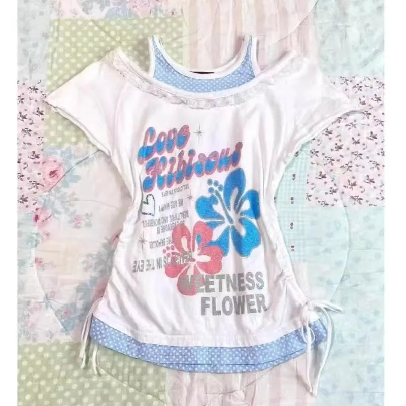 サブカルチャー ヴィンテージ セクシー スカル Tシャツ レディース パンク スリム 原宿 Y2K クロップトップ レトロ 2000年代 Tシャツ シック ストリートウェア ゴシック Tシャツ