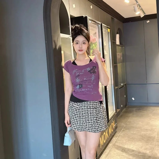 サブカルチャー女性服 Y2K パンクTシャツ アメリカンヴィンテージ スイートセクシー ショート丈 女性服 グリーン 夏 カジュアル 人気トップス