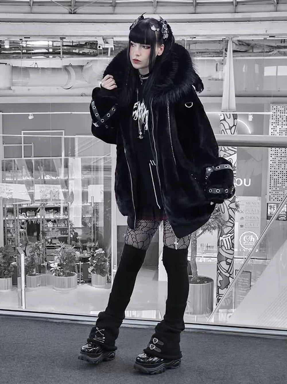 日本製マインシリーズ リベットクロス シープイヤー フード付きジャケット 冬物 新作 ゴスパンク ダークガールズ イミテーションファー プラッシュコート レディース