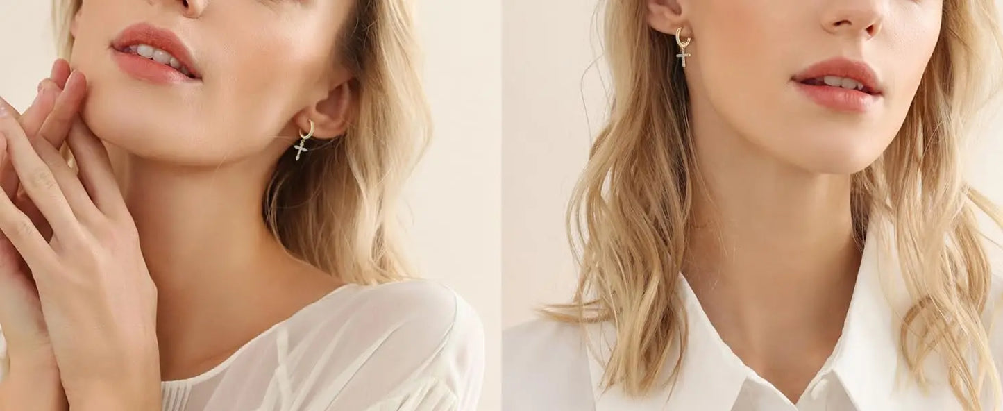 Fansilver 925スターリングシルバー クロスイヤリング レディース メンズ 華奢なCZハギーフープイヤリング アイスアウトクロスダングルイヤリング ボックス付き