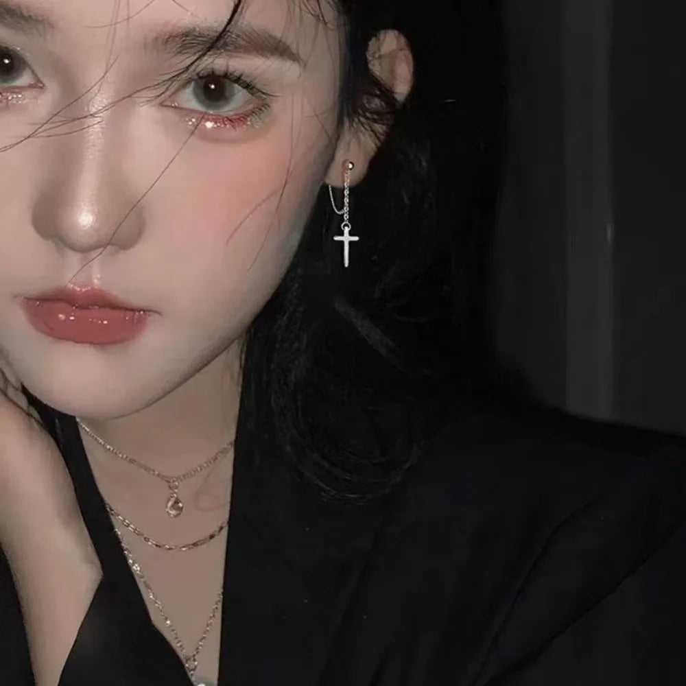 Punk Silver Cross Drop Earrings for Women Men Gothic Hip Hop Long Tassel Hanging Earring Jewelry Gift