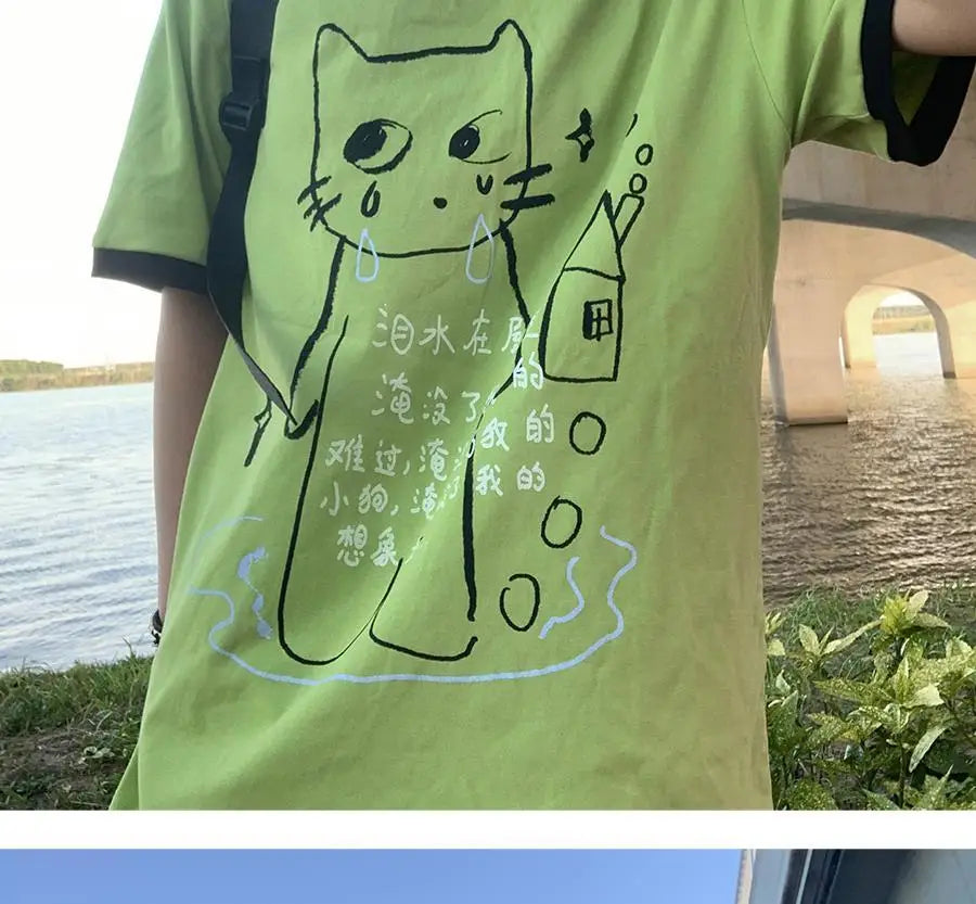 日本のサブカルチャー かわいい猫プリント 半袖Tシャツ レディース 夏 ヴィンテージ グリーン カジュアル ゆったり スウィートガール Y2K トップス