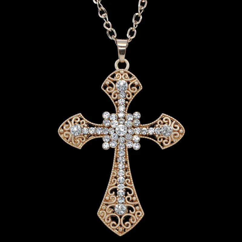 FLOLA ゴールドメッキ クロスペンダントネックレス レディース メンズ ロングチェーン ラインストーンネックレス ペンダント ヒップホップジュエリーギフト nkee32