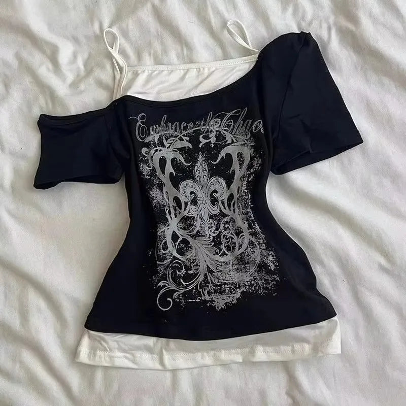 サブカルチャー ヴィンテージ セクシー スカル Tシャツ レディース パンク スリム 原宿 Y2K クロップトップ レトロ 2000年代 Tシャツ シック ストリートウェア ゴシック Tシャツ