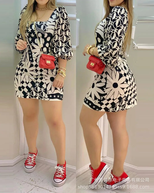 Womens Dresses 2024 Summer Fashion Black Printed Square Neck Long Sleeved Casual Daily Vacation A-Line Mini Dress