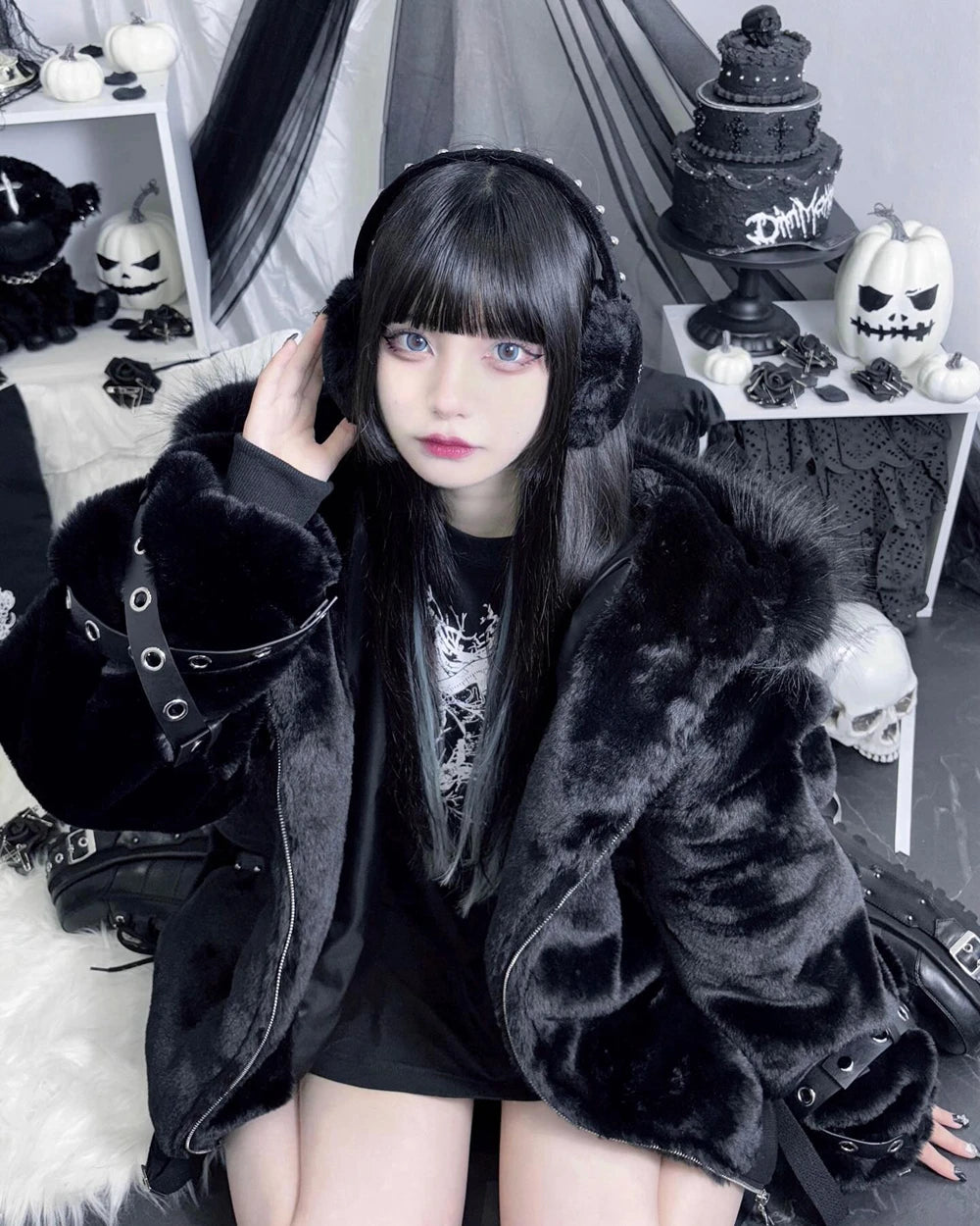 日本製マインシリーズ リベットクロス シープイヤー フード付きジャケット 冬物 新作 ゴスパンク ダークガールズ イミテーションファー プラッシュコート レディース