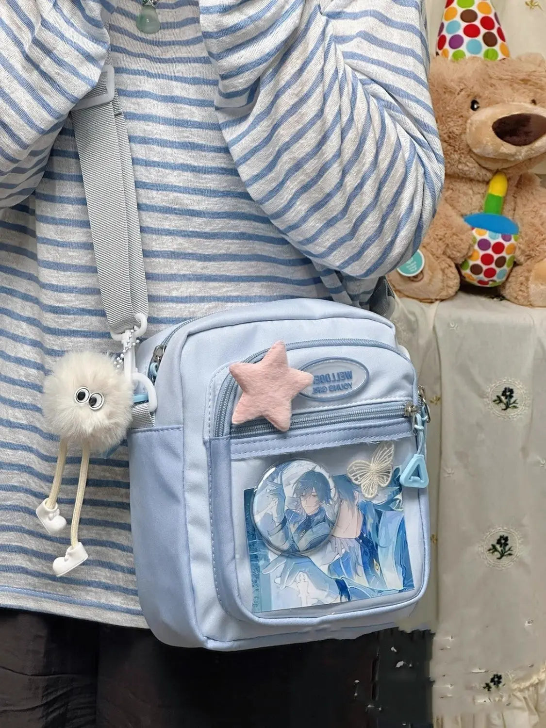 HAEX かわいいレディースイタバッグ ファッション パッチワーク ナイロン DIY バッジ クロスボディ ショルダーバッグ 原宿 カジュアル サブカルチャー ボルソ ムジェール