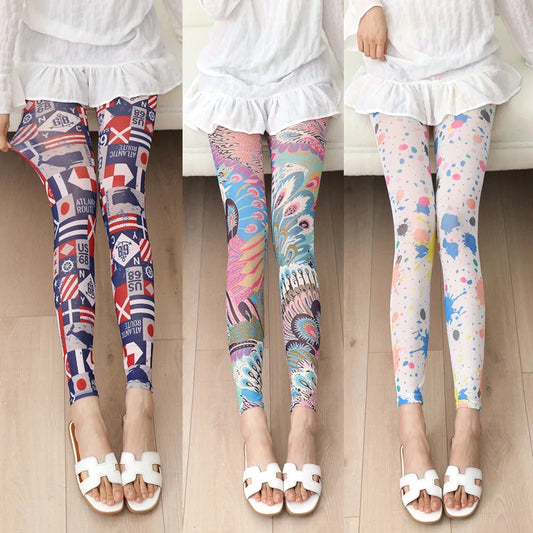 Women Trendy and Fashionable Printed Mesh Leggings, Ice Silk Flower Cartoon Shorts,Sexy Girl Fitness Elastic Pants