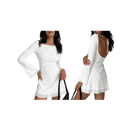 AG-Women Long Sleeve Mini Dress Boat Neck Mesh Bell Sleeve Self Tie Back Sheer Backless Bodycon Y2k Short