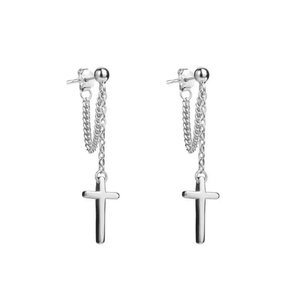 Punk Silver Cross Drop Earrings for Women Men Gothic Hip Hop Long Tassel Hanging Earring Jewelry Gift
