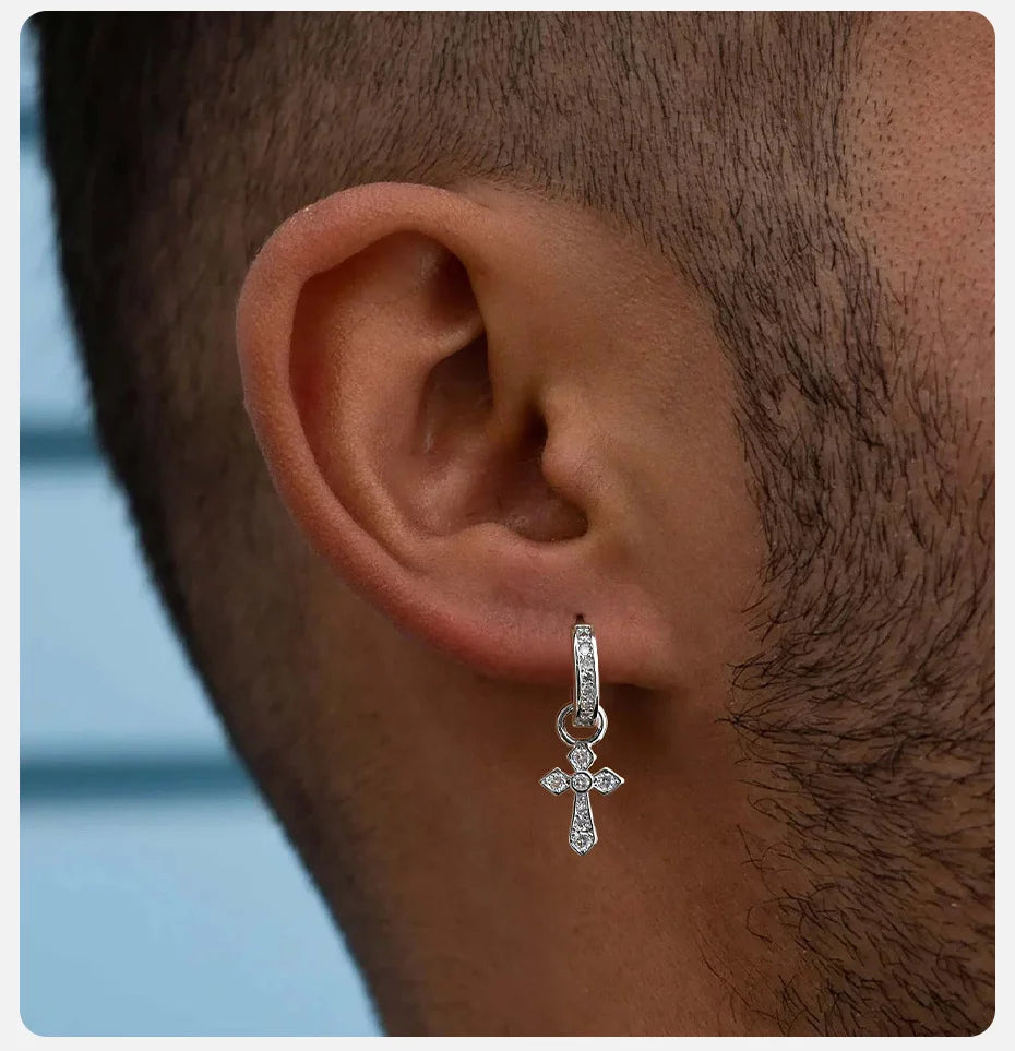 Vnox クロスペンダントフープイヤリング メンズ ボーイズ 27.6mm シルバーカラー 銅ジルコン パンクジュエリー ゴシックスタイル 誕生日パーティーギフト