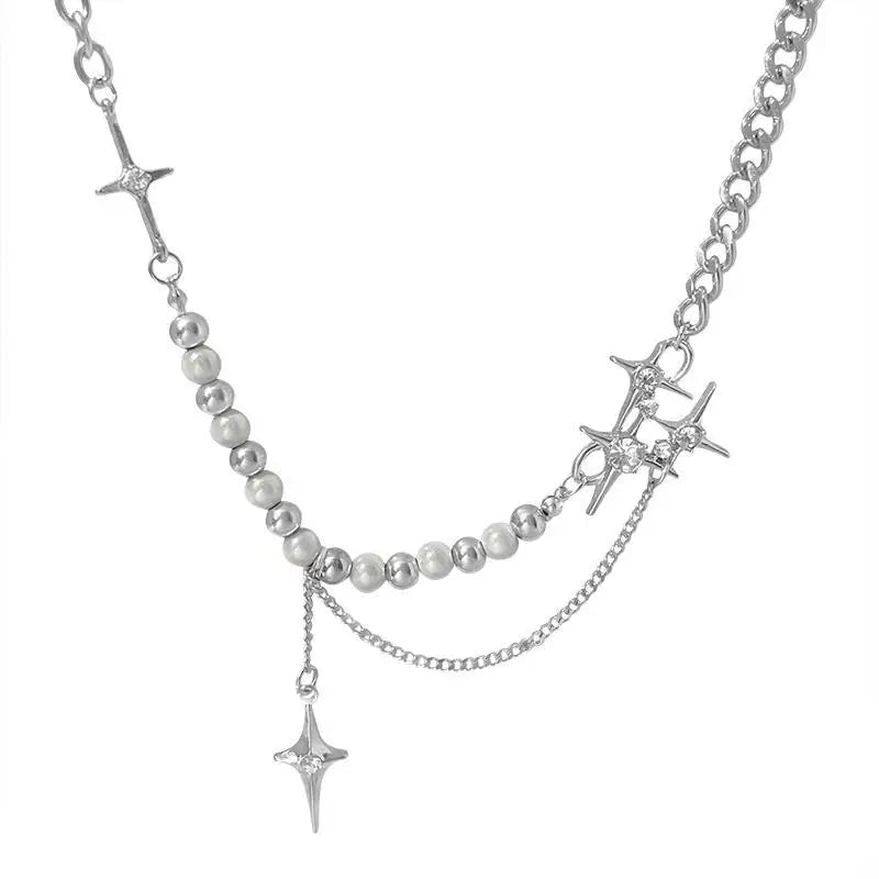 トレンドクロスネックレス メンズ レディース Kpop ダブルレイヤー スプライスビーズ ステンレススチールチェーンペンダント トレンドネックジュエリー チョーカー