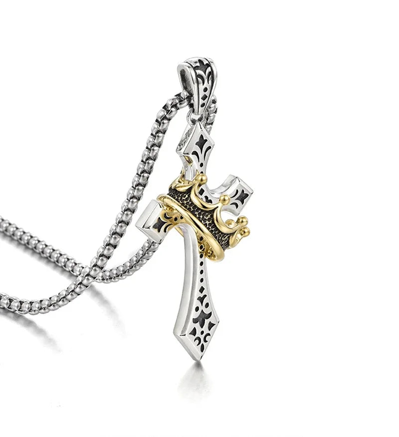 ファッションパンククラウンクロスネックレスメンズレトロヒップホップ銅カップルペンダントセーターチェーンジュエリーアクセサリーホリデーギフト