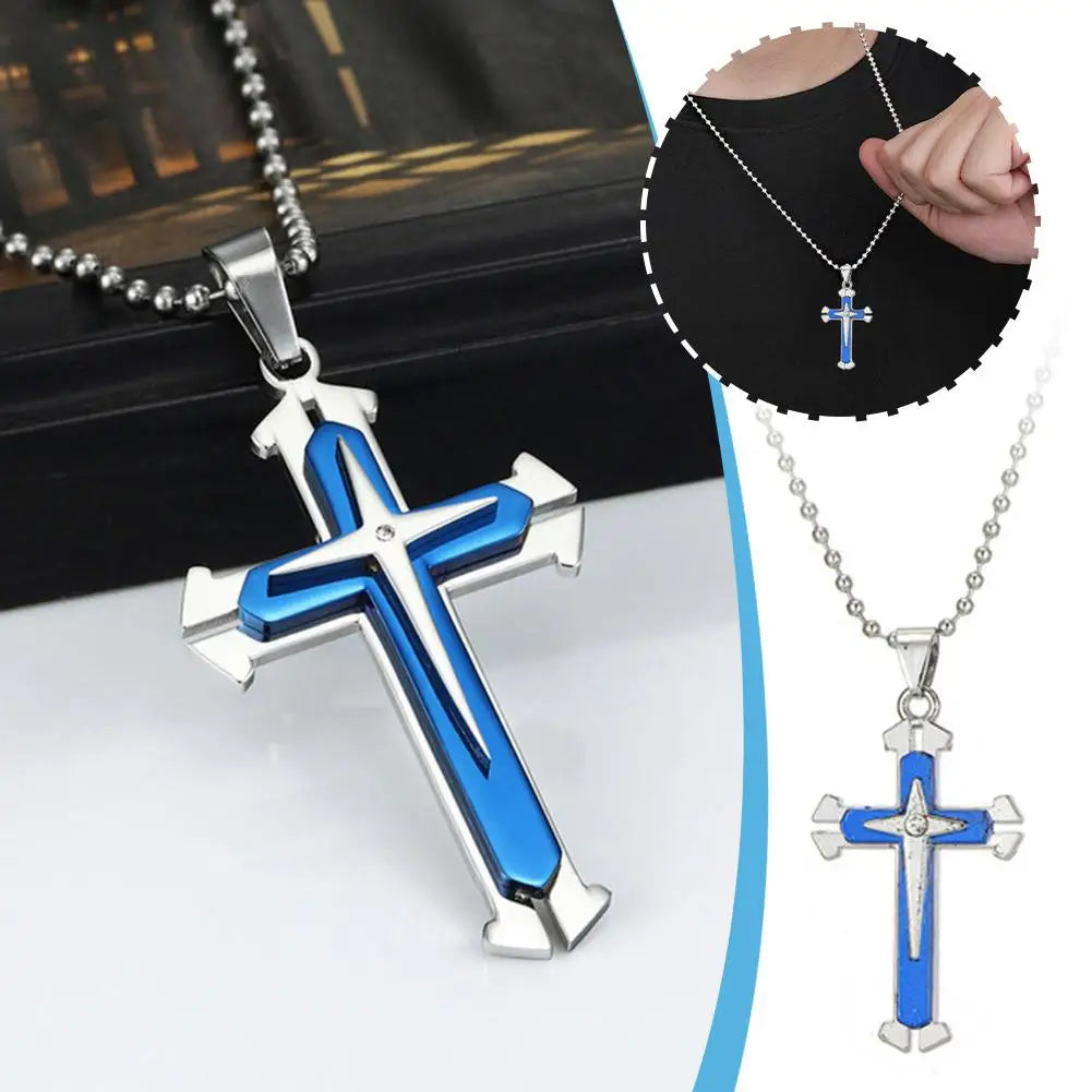 Vintage Crosses Pendant Necklace With Bead Chain Jewelry Necklace Blue Fashion Patterned Men Accessories Alloy Cross
