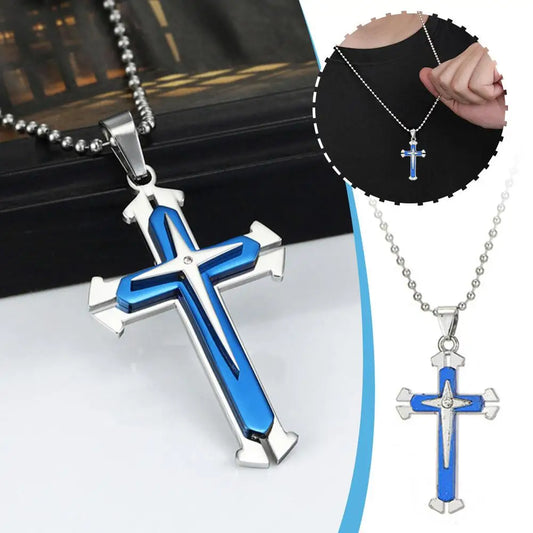 Vintage Crosses Pendant Necklace With Bead Chain Jewelry Necklace Blue Fashion Patterned Men Accessories Alloy Cross