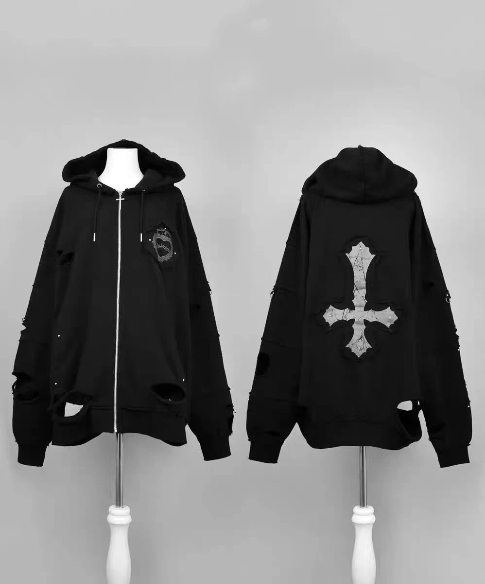 日本製 マインクロス リップド レトロ サブカルチャー フード付き スウェットシャツ カーディガン ジャケット レディース ゴス パンク ジッパー パーカー コート アウター