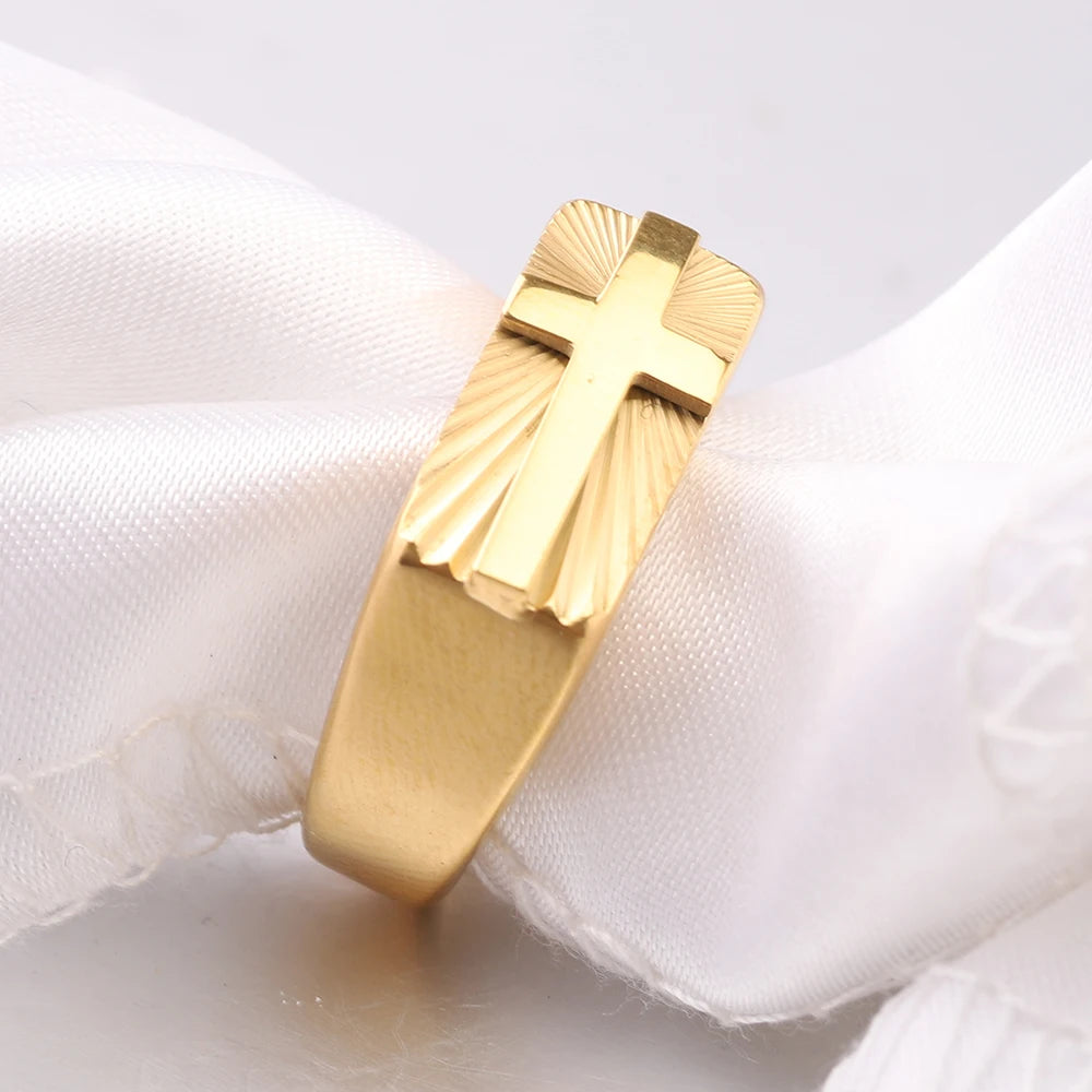 男性用ステンレススチール製クロスリング。シルバーとゴールドトーン、美しいサンバーストパターン。