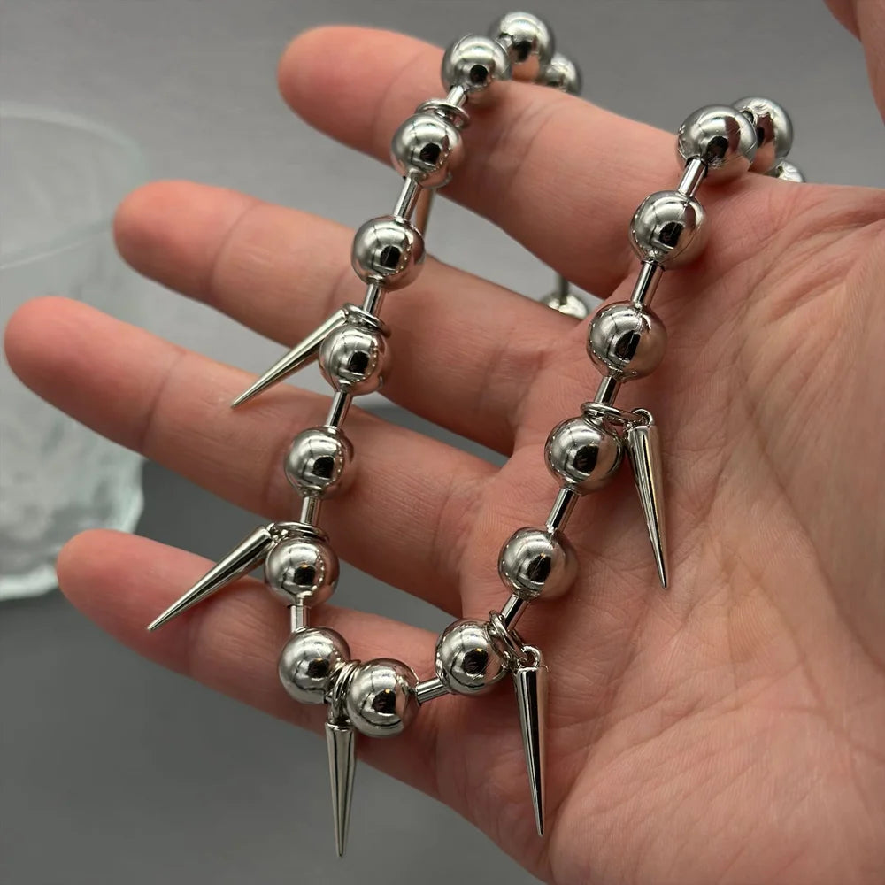 ゴシックファッション ビッグチャンキーボールチェーンリベットチョーカーネックレス レディース メンズ パンク Y2K グランジ スパイクビーズチェーンネックレス