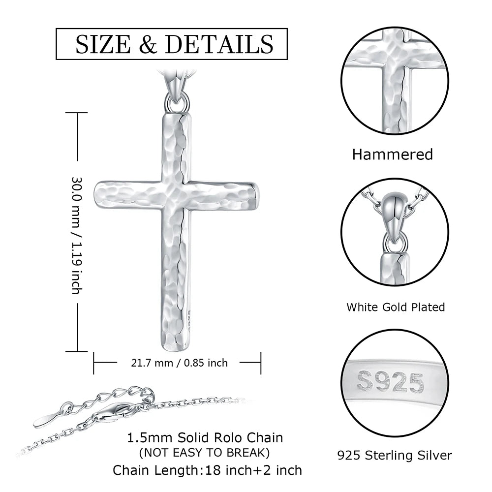 925スターリングシルバー ハンマー加工クロスネックレス クリスチャンペンダント インスピレーションを与える宗教ジュエリー 女性 友人 娘へのギフト